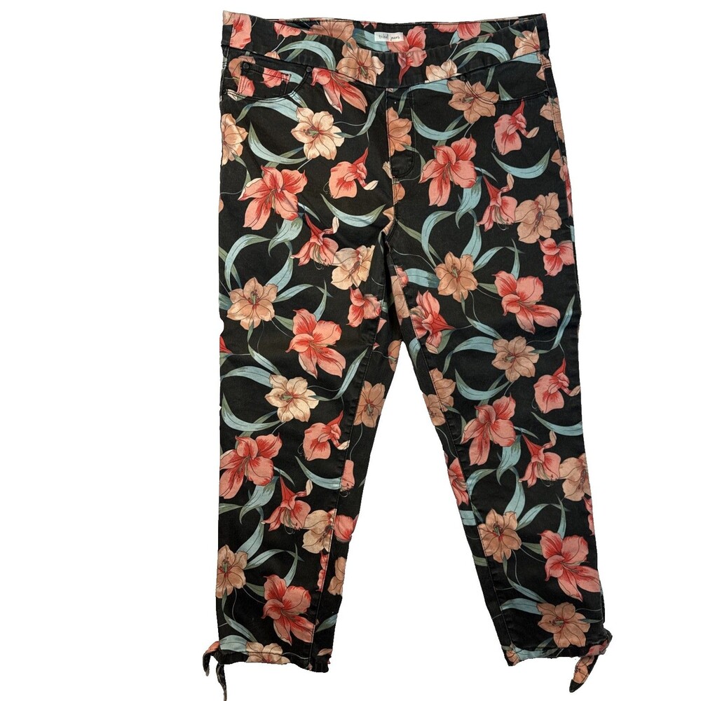 Tribal Audrey Pull On Floral Crop Pants 16 Black Tropical Hibiscus Tie Cuff 6205